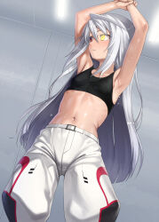 Rule 34 | 1girl, ahoge, armpits, arms up, blush, breasts, commentary request, eyepatch, unworn eyepatch, grey hair, heterochromia, highres, indoors, infinite stratos, jodhpurs, laura bodewig, long hair, midriff, navel, no eyepatch, orochi itto, pants, red eyes, small breasts, solo, standing, stretching, sweat, tank top, yellow eyes