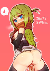 Rule 34 | 1girl, ass, bare shoulders, black thighhighs, blue eyes, blush, borrowed character, bottomless, elbow gloves, flat chest, gloves, green hair, hetero, ico (green bullet), long hair, looking at viewer, looking back, no panties, original, penis, pink background, pussy juice, scarf, sex, simple background, sketch, solo focus, spoken sweatdrop, straddling, sweatdrop, thighhighs, vaginal