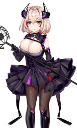 Rule 34 | 1girl, absurdres, alternate costume, azur lane, black dress, boots, breasts, brown eyes, cleavage cutout, clothing cutout, dress, highres, holding, holding microphone stand, knee boots, large breasts, light brown hair, medium hair, microphone stand, multicolored hair, pantyhose, red hair, roon (azur lane), roon (muse) (azur lane), she taizi, simple background, solo, streaked hair, white background, wing collar