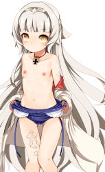 Rule 34 | 1girl, azur lane, bare shoulders, blue one-piece swimsuit, blunt bangs, blush, brown gloves, cameltoe, closed mouth, clothes pull, collarbone, commentary request, cross, flat chest, gloves, grey hair, groin, headpiece, highres, iron cross, jacket, long hair, long sleeves, looking at viewer, mole, mole under eye, navel, nipples, one-piece swimsuit, one-piece swimsuit pull, puffy long sleeves, puffy sleeves, pulling own clothes, solo, swimsuit, takara akihito, thigh gap, very long hair, white jacket, yellow eyes, z46 (azur lane), z46 (her first summer) (azur lane)