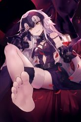 Rule 34 | 1girl, akieda, arm support, armor, armored dress, barefoot, black gloves, capelet, cup, drinking glass, fate/grand order, fate (series), feet, foot focus, fur trim, gauntlets, gloves, headpiece, highres, jeanne d&#039;arc (fate), jeanne d&#039;arc alter (avenger) (fate), jeanne d&#039;arc alter (avenger) (third ascension) (fate), jeanne d&#039;arc alter (fate), long hair, looking at viewer, petals, single thighhigh, sketch, soles, solo, thighhighs, toes, wine glass, yellow eyes