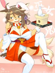 Rule 34 | 1girl, absurdres, ahoge, alcohol, animal ear fluff, animal ears, animal nose, arm at side, artist name, bare shoulders, bell, bilingual, black pantyhose, blush, body fur, bottle, bra, breasts, breath, brown hair, cleavage, cup, dated, detached sleeves, embarrassed, english text, fake animal ears, fang, female focus, fishnet pantyhose, fishnets, flower, fox ears, fox girl, fox tail, furry, furry female, hair flower, hair ornament, hairband, hakama, hakama short skirt, hakama skirt, hand up, high heels, highres, hip vent, holding, holding tray, japanese clothes, japanese text, jingle bell, kame (3t), knee up, kouhaku nawa, large breasts, leotard, long hair, looking to the side, mixed-language text, neck bell, nervous, nervous smile, nontraditional miko, nontraditional playboy bunny, open mouth, original, pantyhose, purple flower, rabbit ears, red bra, ribbon-trimmed bra, rope, sakazuki, sake, sake bottle, sandals, shide, shimenawa, short sleeves, sidelocks, signature, sitting, skindentation, skirt, smile, solo, strapless, strapless leotard, sweat, swept bangs, tabi, tail, thighhighs, tongue, tray, two-tone fur, underwear, white hairband, white leotard, white thighhighs, wrist cuffs, yellow eyes, yellow footwear, yellow fur