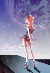 Rule 34 | 00s, arms behind back, blonde hair, earth (planet), from behind, hat, heerin, high heels, macross, macross frontier, planet, sheryl nome, shoes, skinny, solo, standing, star (symbol), thighhighs, white thighhighs