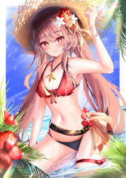 Rule 34 | 1girl, absurdres, arm up, bare arms, bare shoulders, bead bracelet, beads, bikini, black bikini, blush, border, bracelet, breasts, brown hair, flower, flower-shaped pupils, genshin impact, hair flower, hair ornament, hat, highres, hu tao (genshin impact), jewelry, long hair, looking at viewer, mismatched bikini, navel, outdoors, outside border, red bikini, red eyes, sidelocks, sitting, small breasts, smile, solo, stomach, straw hat, swimsuit, symbol-shaped pupils, teca (ryeol), thigh strap, thighs, twintails, very long hair, water, white border