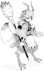 Rule 34 | 1girl, :o, absurdres, animal ears, animal feet, animal hands, apron, bird legs, broom, claws, colored tips, dress, feather hair, fewer digits, frills, full body, greyscale, hair over one eye, hand on own chest, hand up, highres, hkdd99, holding, holding broom, horns, kikimora (mythology), long hair, long sleeves, looking to the side, maid, maid headdress, monochrome, monster girl, multicolored hair, multicolored horns, open mouth, original, pleated dress, simple background, solo, standing, tail, waist apron, white background, wide sleeves