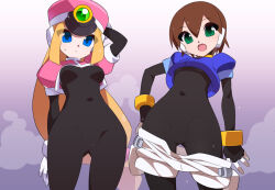 Rule 34 | 2girls, aile (mega man zx), black bodysuit, blonde hair, blue eyes, blue jacket, bodysuit, bodysuit under clothes, brown hair, clothes pull, commentary request, covered navel, cowboy shot, cropped jacket, green eyes, hat, jacket, kaidou zx, long hair, looking at viewer, mega man (series), mega man zx, multiple girls, no panties, no pants, open mouth, pink jacket, prairie (mega man), revision, robot ears, shako cap, short hair, shorts, shorts pull, steaming body, teeth, tongue, upper teeth only