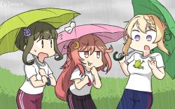 Rule 34 | 1other, 3girls, ahoge, alternate costume, black pants, blonde hair, bob cut, braid, braided bun, brown eyes, commentary request, crescent, crescent hair ornament, dated, frog, green hair, green pants, green umbrella, hair bun, hair ornament, hair ribbon, hamu koutarou, highres, kantai collection, long hair, long sleeves, multiple girls, one-hour drawing challenge, outdoors, pants, perth (kancolle), pink eyes, pink hair, pink umbrella, purple eyes, purple pants, rain, ribbon, shirt, short hair, sidelocks, t-shirt, takanami (kancolle), teruterubouzu, track pants, umbrella, uzuki (kancolle), white shirt, yellow umbrella