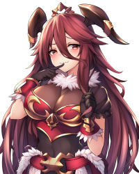 Rule 34 | 1girl, armor, black gloves, blush, boobplate, breastplate, breasts, brown eyes, brown shirt, cleavage, closed mouth, commentary request, covered navel, dragalia lost, dragon girl, dragon horns, fang, fang out, finger to mouth, fur trim, gloves, hair between eyes, head tilt, headpiece, highres, horns, large breasts, long hair, looking at viewer, mym (dragalia lost), nintendo, puffy short sleeves, puffy sleeves, red hair, see-through, shirt, short sleeves, smile, solo, standing, upper body, very long hair, ym (distance819)