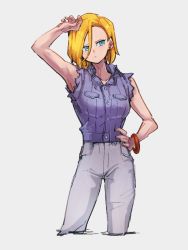 Rule 34 | 1girl, android 18, arm up, armpits, blonde hair, bracelet, closed mouth, dragon ball, dragonball z, grey background, grey pants, hair between eyes, hand on own hip, jewelry, kemachiku, looking to the side, pants, short hair, simple background, sleeveless, solo