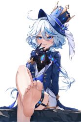 Rule 34 | 1girl, :d, absurdres, ahoge, ascot, barefoot, black ascot, blue eyes, blue hat, blue jacket, brooch, commentary request, feet, foot out of frame, furina (genshin impact), genshin impact, hair intakes, hand on own face, hand to own mouth, hat, highres, jacket, jewelry, long hair, looking at viewer, open clothes, open jacket, open mouth, radoremo, simple background, sitting, sky, smile, soles, solo, thigh strap, top hat, very long hair, white background, white hair