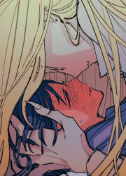 Rule 34 | 2girls, blonde hair, blue hair, closed eyes, closed mouth, commentary request, earrings, fingernails, hand on another&#039;s face, highres, jewelry, long fingernails, long hair, multiple girls, naotin3333, nervous sweating, noses touching, original, red eyes, sharp fingernails, stud earrings, sweat, yuri