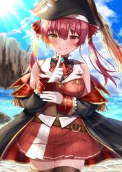 Rule 34 | 1girl, amai melo, blush, heterochromia, highres, hololive, houshou marine, long hair, looking at viewer, ocean, pirate, red eyes, red hair, smile, solo, twintails, virtual youtuber, yellow eyes