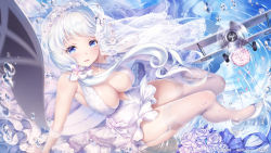Rule 34 | 1girl, aircraft, azur lane, blue eyes, breasts, cleavage, collarbone, dress, from above, garter straps, gloves, hair over shoulder, high heels, highres, illustrious (azur lane), illustrious (morning star of love and hope) (azur lane), lace, lace-trimmed legwear, lace trim, large breasts, long hair, looking at viewer, low twintails, mole, mole under eye, paint musume, parted lips, petals, short dress, smile, solo, thighhighs, tiara, twintails, veil, water drop, wedding dress, white dress, white gloves, white thighhighs