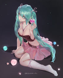 Rule 34 | 1girl, absurdres, aqua eyes, aqua hair, bare shoulders, breasts, cleavage, english text, feet, female focus, full body, grandia lee, hatsune miku, highres, long hair, looking at viewer, medium breasts, necktie, no shoes, sitting, skirt, socks, solo, twintails, very long hair, vocaloid