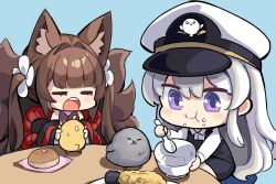 Rule 34 | 2girls, amagi-chan (azur lane), animal, animal ear fluff, animal ears, azur lane, bird, blunt bangs, bowl, brown hair, chick, commentary, detached sleeves, eating, fox ears, fox girl, fox tail, hair between eyes, hair ornament, hat, hm (hmongt), holding, holding animal, holding bowl, holding spoon, japanese clothes, kitsune, kyuubi, little enterprise (azur lane), long hair, long sleeves, looking at another, manjuu (azur lane), multiple girls, multiple tails, nervous sweating, peaked cap, purple eyes, rope, shimenawa, sidelocks, simple background, spoon, sweat, symbol-only commentary, table, tail, thick eyebrows, torpedo tempura, twintails, white hair, wide sleeves