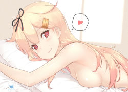 Rule 34 | 10s, 1girl, bare shoulders, black ribbon, blonde hair, breast press, breasts, dan (kumadan), hair between eyes, hair flaps, hair ribbon, heart, kantai collection, light smile, long hair, looking at viewer, lying, medium breasts, midriff, nude, hugging object, on stomach, pillow, pillow hug, red eyes, red hair, ribbon, sideboob, solo, spoken heart, underwear, underwear only, upper body, yuudachi (kancolle), yuudachi kai ni (kancolle)