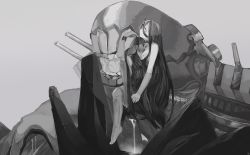 Rule 34 | 1girl, abyssal ship, barefoot, battleship princess, breasts, choker, cleavage, closed mouth, dress, full body, greyscale, hair between eyes, highres, horns, kantai collection, kuroinu9, long hair, monochrome, saliva, simple background, sitting, solo, teeth