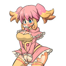 Rule 34 | 1girl, audino, blue eyes, blush, borokuro, breasts, cleavage, clothes pull, creatures (company), game freak, gen 5 pokemon, nintendo, open mouth, personification, pokemon, sidelocks, simple background, skirt, skirt pull, solo, thighhighs