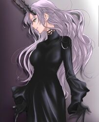 Rule 34 | 1girl, black dress, black gloves, dress, gloves, highres, horns, long hair, long sleeves, looking down, open mouth, seris vritra, smile, the beginning after the end, very long hair, white eyes, white hair
