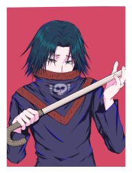 Rule 34 | 1boy, commentary request, covered mouth, feitan portor, green eyes, green hair, highres, holding, holding sword, holding weapon, hunter x hunter, looking at viewer, male focus, obentowasureta, red background, short hair, simple background, solo, sword, upper body, weapon