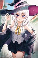 Rule 34 | 1girl, absurdres, bare shoulders, black hat, black skirt, blue eyes, blurry, blurry background, blush, breasts, building, cobblestone, collared shirt, commentary, cowboy shot, day, eichi (skskdi12z), elaina (majo no tabitabi), hair between eyes, hand on headwear, hat, hat ornament, highres, jacket, long hair, looking at viewer, majo no tabitabi, medieval, medium breasts, neckerchief, off shoulder, purple jacket, road, shirt, skirt, sleeveless, sleeveless shirt, solo, street, thighs, white hair, white shirt, witch hat, yellow neckerchief