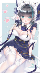 Rule 34 | 1girl, :3, apron, arlene (ju), azur lane, black hair, blue background, blue bow, blue eyes, blue hair, blue nails, blue ribbon, border, bow, breasts, cheshire (azur lane), cleavage, crescent, cross, detached collar, detached sleeves, dress, fang, frilled apron, frills, garter straps, gold trim, hair bow, hair ribbon, highres, large breasts, long hair, looking at viewer, m/, maid, maid apron, maid headdress, multicolored hair, nail polish, open mouth, paw print, puffy short sleeves, puffy sleeves, ribbon, scrunchie, shaka sign, short sleeves, simple background, smile, solo, streaked hair, thighhighs, thighs, white border, white dress, white ribbon, white thighhighs, wrist cuffs