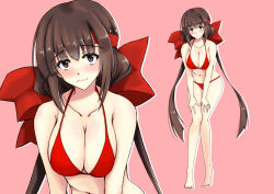 Rule 34 | 1girl, absurdres, bikini, black hair, blush, breasts, brown hair, cleavage, feet, grey eyes, hair ribbon, hands on own thighs, hands on thighs, headband, highres, kumon waka, large breasts, leaning forward, long hair, looking at viewer, low twintails, navel, phantom breaker, red bikini, red headband, ribbon, smile, solo, swimsuit, twintails, very long hair