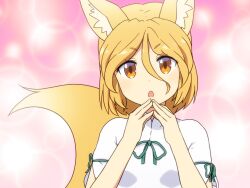 Rule 34 | 1girl, animal ear fluff, animal ears, blonde hair, brown eyes, commentary request, fox ears, fox girl, fox tail, hair between eyes, hands up, highres, kudamaki tsukasa, looking at viewer, open mouth, parted bangs, romper, shirosato, short eyebrows, short hair, solo, tail, touhou, upper body, v-shaped eyebrows