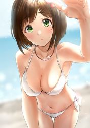 Rule 34 | 10s, 1girl, arm up, bare shoulders, beach, bikini, blurry, blurry background, blush, breasts, brown hair, cleavage, collarbone, commentary request, day, flower, green eyes, hair flower, hair ornament, idolmaster, idolmaster cinderella girls, jewelry, large breasts, looking at viewer, maekawa miku, navel, necklace, parted lips, pearl necklace, short hair, solo, sunlight, swimsuit, takeashiro, white bikini