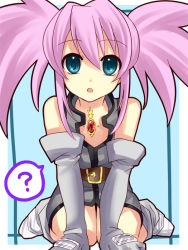 Rule 34 | 00s, 1girl, ?, aqua background, bare shoulders, blue eyes, gloves, pink hair, presea combatir, solo, tales of (series), tales of symphonia, twintails, yayoi (egoistic realism)