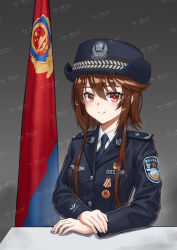 Rule 34 | 1girl, absurdres, alternate costume, arms on table, blue hat, blue jacket, blue necktie, brown hair, china, chinese commentary, chinese text, collar tabs, collared shirt, commentary request, flag, girls&#039; frontline, grey background, hat, highres, huihuang rongyao, jacket, lapels, long sleeves, looking at viewer, medal, necktie, notched lapels, pixiv id, pixiv username, police, police badge, police hat, police uniform, policewoman, red eyes, shirt, short hair with long locks, shoulder boards, smile, solo, table, type 79 (girls&#039; frontline), uniform, watermark, white shirt