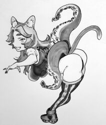 Rule 34 | 1girl, animal ear fluff, animal ears, ankle boots, arm up, ass, bare shoulders, bent over, boots, borrowed character, breasts, commission, fingernails, from side, full body, greyscale, halter leotard, halterneck, hanging breasts, highleg, highleg leotard, impossible clothes, impossible leotard, large breasts, leaning forward, leotard, long fingernails, long hair, looking at viewer, monochrome, multiple tails, open mouth, original, samipeko, sharp fingernails, simple background, skindentation, smile, solo, striped clothes, striped thighhighs, tail, tentacles, thick eyebrows, thighhighs, traditional media, vertical-striped clothes, vertical-striped thighhighs, white background