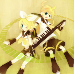 Rule 34 | 1boy, 1girl, bad id, bad pixiv id, blonde hair, bow, brother and sister, detached sleeves, green eyes, hair bow, instrument, kagamine len, kagamine rin, keytar, koto (colorcube), necktie, one eye closed, sailor collar, short hair, siblings, twins, vocaloid, wink, yellow theme