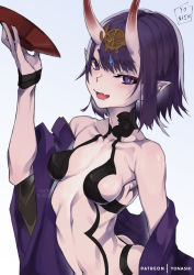 Rule 34 | 1girl, artist name, blue background, bob cut, breasts, collarbone, commentary, cup, english commentary, fang, fate/grand order, fate (series), gradient background, highres, horns, looking at viewer, navel, oni, open mouth, patreon username, pointy ears, purple eyes, purple hair, sakazuki, short hair, shuten douji (fate), skin-covered horns, small breasts, smile, solo, watermark, yo-nashi