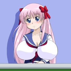 Rule 34 | blue eyes, breasts, etopen, haramura nodoka, huge breasts, pink hair, ribbon, saki (manga), stuffed animal, stuffed toy