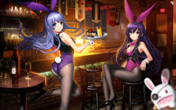 Rule 34 | 10s, 2girls, alcohol, alternate costume, animal ears, ass, back, bar (place), bar stool, bare shoulders, black footwear, black legwear, blue eyes, blue hair, blunt bangs, blurry, bottle, bow, bowtie, breasts, brick, bush, cake, cake slice, cherry, cleavage, closed mouth, crossed legs, cup, date a live, depth of field, detached collar, detached sleeves, door, drink, drinking glass, eyepatch, fake animal ears, flag, floating hair, food, fork, fruit, glass, hair ornament, hairband, high heels, hime cut, indoors, izayoi miku, juice, knife, lamp, large breasts, legs, leotard, liang xing, light blue hair, long hair, looking at viewer, looking back, market stall, multiple girls, note, orange juice, pantyhose, paper, pink leotard, playboy bunny, puppet, purple eyes, purple hair, purple leotard, rabbit ears, rabbit tail, reflection, shiny clothes, shoes, sitting, sleeveless, smile, standing, standing on one leg, stool, stuffed animal, stuffed rabbit, stuffed toy, table, tail, tray, vest, waitress, window, wine, wine bottle, wine glass, wrist cuffs, yatogami tooka, yoshinon