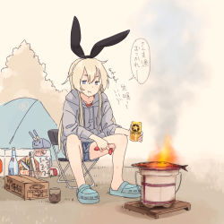 Rule 34 | 1girl, :t, alcohol, alternate costume, beer, beer can, blonde hair, blue eyes, blue footwear, bottle, box, campfire, camping, can, chair, closed mouth, commentary request, cooking, crocs, cup, denim, denim shorts, drawstring, drink can, eating, fish, fish (food), folding chair, full body, grey hoodie, grill, hairband, highres, holding, holding can, hood, hood down, hoodie, kantai collection, kokudou juunigou, long hair, looking at viewer, outdoors, rensouhou-chan, sapporo beer, shichirin, shimakaze (kancolle), shoes, short shorts, shorts, sitting, smoke, tent, translation request, yunomi
