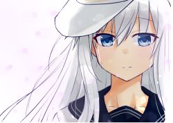 Rule 34 | 1girl, blue eyes, collarbone, crying, crying with eyes open, floating hair, hair between eyes, hat, hibiki (kancolle), highres, kantai collection, long hair, looking at viewer, m kong, portrait, silver hair, smile, solo, tears, verniy (kancolle), white background, white hat