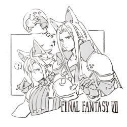 Rule 34 | 2boys, animal ears, armor, cat, chest strap, cloud strife, final fantasy, final fantasy vii, final fantasy vii remake, gloves, greyscale, high collar, kemonomimi mode, long hair, monochrome, multiple boys, papajay (jennygin2), parted bangs, question mark, sephiroth, shoulder armor, sleeveless, sleeveless turtleneck, sparkle, spiked hair, square enix, straight hair, suspenders, sweatdrop, thought bubble, turtleneck, white background