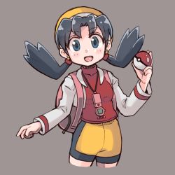 Rule 34 | 1girl, backpack, bag, black hair, blue eyes, blush, breasts, creatures (company), cropped jacket, cropped legs, earrings, es (eisis), game freak, grey background, hat, highres, holding, holding poke ball, jacket, jewelry, kris (pokemon), long sleeves, looking at viewer, medium breasts, nintendo, open clothes, open jacket, open mouth, poke ball, pokegear, pokemon, pokemon adventures, shorts, simple background, solo, star (symbol), star earrings, twintails, white jacket, yellow hat