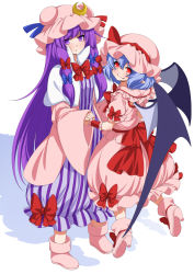 Rule 34 | 2girls, bat wings, blue hair, boots, capelet, coat, crescent, dress, eichi yuu, fang, hair ribbon, hat, hat ribbon, highres, holding hands, long hair, long sleeves, looking at viewer, mob cap, multiple girls, open clothes, open coat, patchouli knowledge, pink dress, pink footwear, pointy ears, puffy short sleeves, puffy sleeves, purple eyes, purple hair, red eyes, remilia scarlet, ribbon, sash, short sleeves, simple background, smile, striped clothes, striped dress, touhou, tress ribbon, very long hair, wide sleeves, wings, wrist cuffs