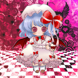 Rule 34 | 1girl, :&lt;, bat wings, blood, bloomers, blue hair, bow, checkered floor, chibi, clothes lift, cup, cupping glass, drinking glass, female focus, floor, hat, hat ribbon, perspective, picoalto, red eyes, remilia scarlet, ribbon, short hair, skirt, skirt lift, solo, symbol-shaped pupils, touhou, underwear, wine glass, wings