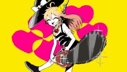 Rule 34 | 1girl, ahoge, black footwear, black skirt, black vest, blonde hair, bow, chainsaw, closed eyes, commentary request, cookie (touhou), flat chest, foot out of frame, glint, hair between eyes, hair bow, hair ornament, hat, hat bow, heart, high contrast, highres, holding, holding chainsaw, kirisame marisa, medium bangs, memento ajimori, noose, open mouth, parody request, red bow, simple background, skirt, smile, socks, solo, star (symbol), star hair ornament, suzu (cookie), teeth, touhou, vest, white bow, white socks, yellow background