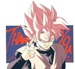 Rule 34 | 1boy, 2020, arm at side, artist name, black shirt, blue background, border, bright pupils, commentary, dragon ball, dragon ball super, earrings, english commentary, english text, evil smile, fenyon, fingernails, goku black, grey shirt, hand up, highres, jewelry, long sleeves, looking at viewer, looking up, male focus, pink hair, potara earrings, ring, shirt, sidelighting, simple background, single earring, sleeveless, sleeveless shirt, smile, solo, spiked hair, super saiyan, super saiyan rose, thank you, upper body, white border, white pupils