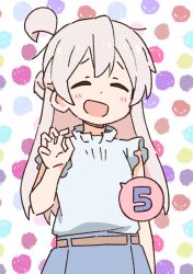 Rule 34 | 1girl, :d, ^ ^, ahoge, closed eyes, commentary request, facing viewer, finger counting, grey hair, half updo, long hair, multicolored polka dots, nekotoufu, official art, onii-chan wa oshimai!, open mouth, oyama mahiro, polka dot, polka dot background, shirt, simple background, sleeveless, sleeveless shirt, smile, solo, spoken number, white shirt