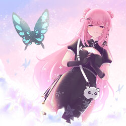 Rule 34 | 1girl, black gloves, bug, butterfly, double bun, gloves, hair bun, highres, indie virtual youtuber, insect, long hair, looking at viewer, mikeneko (vtuber), pink hair, smile, solo, tsukishiro aishi