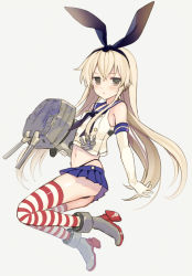 Rule 34 | 10s, 1girl, :3, black panties, blonde hair, elbow gloves, full body, gloves, hairband, highleg, highleg panties, kantai collection, long hair, looking at viewer, panties, personification, rensouhou-chan, shimakaze (kancolle), simple background, skirt, solo, striped clothes, striped thighhighs, thighhighs, thong, underwear, white background, yuuki rika, | |, || ||