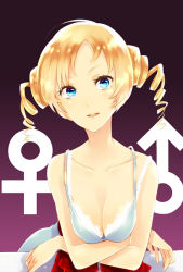 Rule 34 | 1girl, atlus, bad id, bad pixiv id, bare shoulders, blonde hair, blue eyes, bra, bra slip, breasts, catherine, catherine (game), cleavage, crossed arms, downblouse, dress, drill hair, large breasts, lingerie, mars symbol, short twintails, sleeveless, smile, solo, strap slip, tayako, twin drills, twintails, underwear, venus symbol, white dress