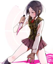 Rule 34 | 1girl, black hair, black socks, blood, blue eyes, brown gloves, commentary, danganronpa: trigger happy havoc, danganronpa (series), dated, english commentary, freckles, gloves, highres, holding, holding knife, holding weapon, huyandere, ikusaba mukuro, kneehighs, knife, looking to the side, parted bangs, pink blood, pleated skirt, shirt, short hair, skirt, socks, solo, weapon, white shirt