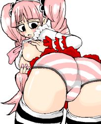 Rule 34 | 1girl, ass, breasts, female focus, one piece, panties, perona, pink hair, simple background, solo, twintails, underwear, white background